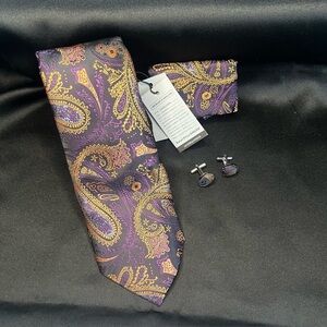 NWT- Silk Paisley Purple and Gold Tie Set